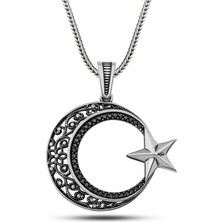 Inure Jewelry Gümüş Zirkon Taşlı Desenli Ay Yıldız Erkek Kolye