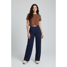 Zuzudan Kadın Yüksek Bel Pensli Krep Palazzo Pantolon – Lacivert