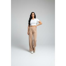 Zuzudan Kadın Yüksek Bel Pensli Bol Paça Krep Palazzo Pantolon – Bej