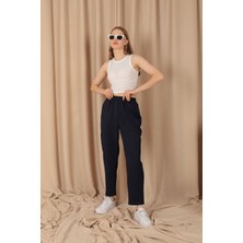 Zuzudan Beli Lastikli Düz Kadın Lacivert Pantolon