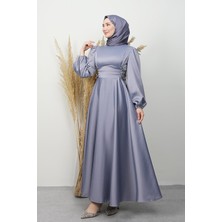 Yandan Bağcıklı Kloş Elbise Gri