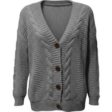 Zuzudan Kadın Gri Düğmeli Kısa Triko Hırka – Burgulu Örgü Desenli