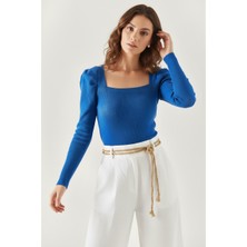 Zuzudan Kare Yaka Prenses Kol Kaşkorse Bluz - Saks Mavi