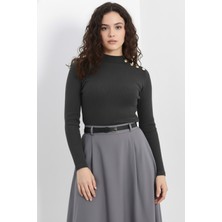 Zuzudan Gold Düğmeli Balıkçı Yaka Fitilli Kaşkorse Bluz - Antrasit