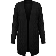 Zuzudan Kadın Siyah Uzun Oversize Triko Hırka – Burgulu Örgü Desenli