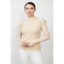 Zuzudan Balıkçı Yaka Parmak Geçmeli Kaşkorse Prenses Kol Bluz - Bej