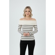 Zuzudan Kadın Çizgili Madonna Yaka Kaşkorse Beyaz Kazak