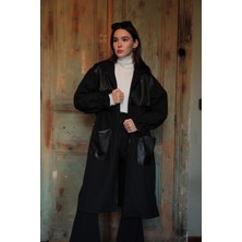 Zuzudan Deri Kumaş Garni Detay Jakar Kadın Trençkot-Siyah