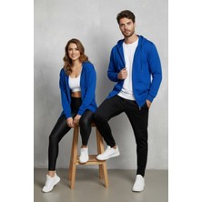 Zuzudan Unisex Saks Mavi Oversize Kalıp 2 Iplik Kapüşonlu Fermuarlı Sweatshirt Ceket Hırka