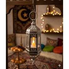 Dodomar 20 cm Ramazan Ledli Asmalı Parlak Gümüş Fener - Pil Dahil Dekoratif Ramazan Feneri