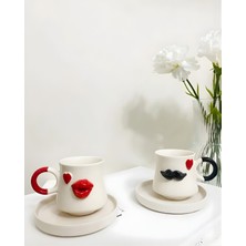 2'li Dudak ve Bıyık Kabartmalı Seramik El Yapımı Kahve Fincan Takımı