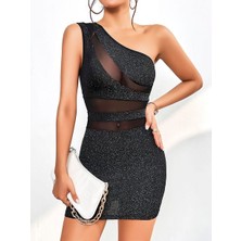 Evrenial Özel Tasarım Siyah Tek Omuz Dekolteli Işıltılı Fantezi Mini Club Elbisesi