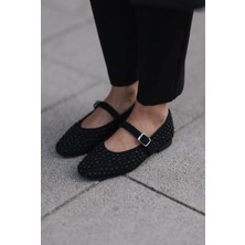 I Love Shoes Orion Kadın Babet Siyah Süet Siyah Taş Detaylı