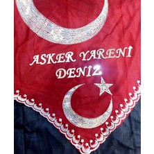 Duru Kişiye Özel Asker Yareni ve Isim Yazılı Kırmızı Kına Örtüsü Tirşe Asker Şalı 100X100 Ebat Kare