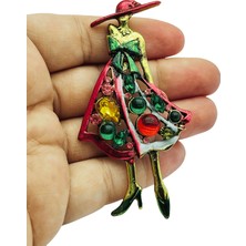 BB Bi Butik Shop Renkli Taş Detaylı Şapkalı Zarif Kadın Figürlü Tasarım Broş