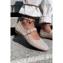 I Love Shoes Orion Kadın Babet Bej Süet Taş Detaylı