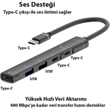 Brf CR16 5in1 Otg Type-C'den 3AD Type-C, 2AD USB A Çoklayıcı Type-C Kulaklık Uyumlu USB C Adaptör Alüminyum Kasa