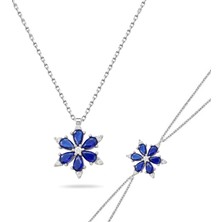 925 Ayar Lotus Çiçeği Safir Taşlı Gümüş Kolye Bileklik Set