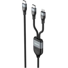 Brf Duo Power 100W Çift Uçlu, Type-C To Lightning + Type-C Şarj Kablosu, Örgü Tasarım, 1.2 Metre, Siyah