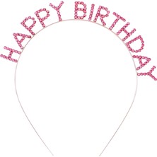 Buğz Pembe Renk Kristal Taşlı Gold Renk Kaplama Happy Birthday Taç 16X17 cm