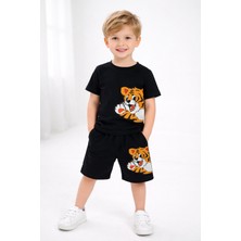 cc Collection Erkek Çocuk Siyah Kaplan Baskılı Tişört ve Şort Takım