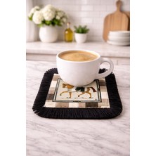 Karam Home At Figürlü Siyah Püsküllü Kahve Sunum Peçetesi | Vintage Desen Kokteyl Sunumluk