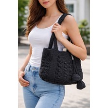 Kadın Siyah Omuz Çanta El Örgü Çanta Makrome Çanta El Yapımı Çanta Kadın Çanta Tasarım  Antkırtasiyeaksesuar