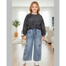 Asliva Fashion Kız Çocuk Antrasit Yıldız Desenli Sweatshirt ve Yıldız Nakışlı Jean Pantolon Takım