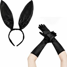 Marsilyan Siyah Parlak Tavşan Kulak ve 40 cm Parlak Siyah Eldiven Kostüm Seti