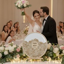 Evlilik Sepetim Düğün-Nişan Beyaz Pleksi 50 cm Yuvarlak Misafir-Hatıra Anı Kutusu + Şövale ve Kalem Hediyeli