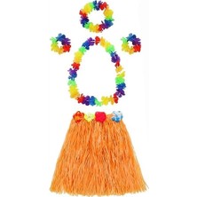 Buğz Yetişkin ve Çocuk Uyumlu Luau Aloha Hawaii Turuncu Etek ve Renkli Kolye Taç 2 Adet Bileklik Set