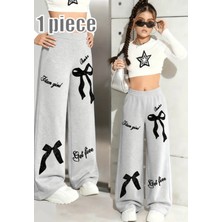 Kids Face Özel Tasarım Kurdele Baskılı %100 Pamuk Ispanyol Paça Hip Hop Yazlık Kız Çocuk Eşofman Altı