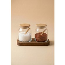 Frolde Ahşap Kapaklı Şeffaf Cam Tuz ve Karabiber Kavanozu Seti – Ahşap Standlı 2'li Set / 290 ml