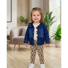 Asliva Fashion Kız Bebek Fiyonklu Fırfırlı Kot Ceket Leopar Tayt Fitilli Body 3'lü Takım