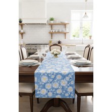Rona Home Mavi Papatya Desenli Lüks Runner Ranır Kaliteli Dokuma Kumaş Leke Tutmaz Dekoratif Masa Runner Ranır