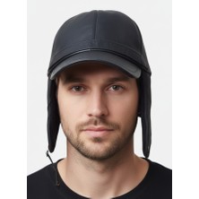 Balkonda Şapka Hakiki Deri Kulaklı Siyah Unisex