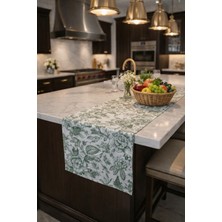 Rona Home Yeşil Çiçekli Premium Kumaş Masa Runner Ranır - Leke Tutmaz Kaliteli Keten Görünümlü Mutfak Runner