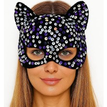 Najmaddin Siyah Kadife Kumaş Üzerine Mor Beyaz Payetli Pullu Parti Maskesi 16X14 cm