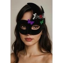 Najmaddin Siyah Renk Incili Taşlı Süet Kaplama Venedik Parti Maskesi 20X22 cm