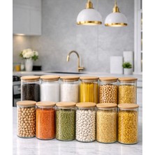 Kitchen Pembelia 12’li Vakumlu Bambu Kapaklı Cam 1000 ml Erzak Bakliyat Baharat Kavanoz Takımı Baharatlık Seti