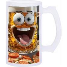 Sartre Art Bira Pizza Esprili Motto Baskılı Bira Bardağı 500 ml - Büyük Boy Kulplu Cam Kupa