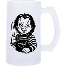 Sartre Art Chucky Çaki Bebek Motto Baskılı Bira Bardağı 500 ml - Büyük Boy Kulplu Cam Kupa