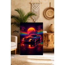 Mushen Studıo Retro Cyberpunk Spor Araba Kanvas Tablo - Neon Şehir Manzaralı Uv Baskı
