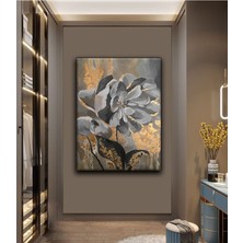 Mushen Studio Mushen Studıo Dekoratif Modern Şık Çiçek Gri Gold Siyah Hd Dijital Baskı Dikey Kanvas Tablo Oturma Odası Dekoru
