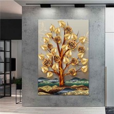 Mushen Studıo Extra Dev Boyut Altın Yapraklı Ağaç Hd Dijital Baskı Dikey Kanvas Tablo Dekor