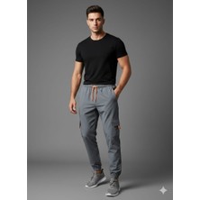 Wear Co Stıll Unisex Gri Kargo Cepli Jogger Pantolon - Turuncu Detaylı Likralı Rahat Kesim Alt