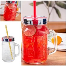 2 Adet Pipetli Kapaklı Cam Kupa England Kupa Bardak 490 ml