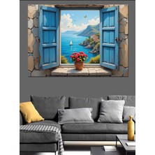 Mushen Studıo Mavi Panjurlu Akdeniz Evi Dekoratif Kanvas - Mdf Ahşap Tablo