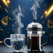 Çift Cidarlı Cam Kupa Seti | Isı Yalıtımlı Kulplu Borosilikat Kupa | Soğuk & Içecek Termal Kupa | Espresso Çay Bardağı Seti-- (Sarı Lacivert, Büyük 350 Ml,)