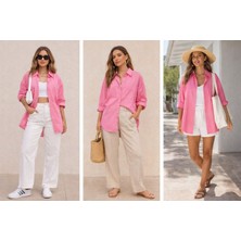 Bohem Şehir Stili - Oversize Uzun Kollu Gömlek(Pembe)